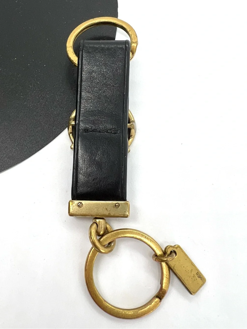 Vintage Coach Black Leather Valet Keychain Brass C Buckle Key Fob